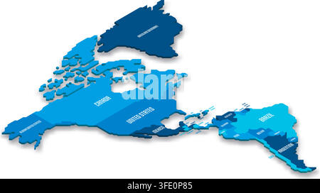 Isometric political map of Americas. Blue land with country name labels on white background. 3D vector illustration Stock Vector