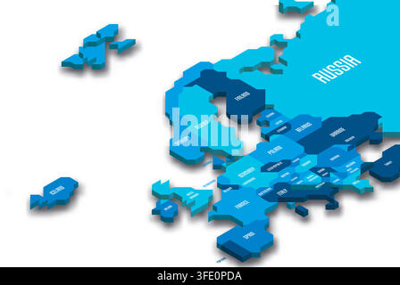Isometric political map of Europe. Blue land with country name labels on white background. 3D vector illustration Stock Vector