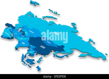 Isometric political map of Asia. Blue land with country name labels on white background. 3D vector illustration Stock Vector