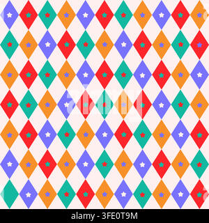 Vintage diamond pattern with festive circus motifs creates elegant holiday backdrop seamless vector pattern. Stock Vector