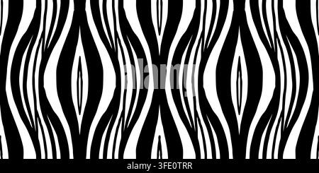 Black and white zebra-inspired pattern with large flowing organic stripes, elongated shapes and bold contemporary animal print texture. Vector illustr Stock Vector