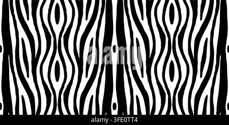 Bold black and white zebra-inspired wavy stripe pattern with elongated organic lines and flowing animal fur texture. Vector illustration Stock Vector