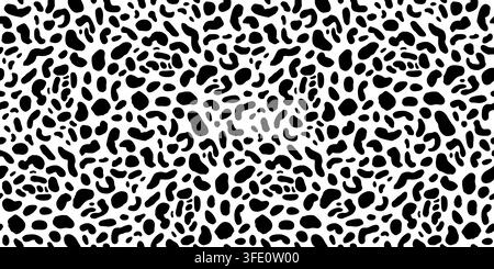 Dense black and white animal spot pattern with organic irregular markings, creating a bold high-contrast fur texture for fashion. Vector illustration Stock Vector