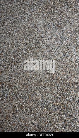 A vertical close up of concrete with smooth river pebbles showing multi color pebbles partially set into sandy porous uneven pavement Stock Photo