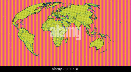 pop art sunset middle east world map rendered as pop art with vintage halftone print with Ben-Day dots and bold outlines for wall art poster print Stock Vector