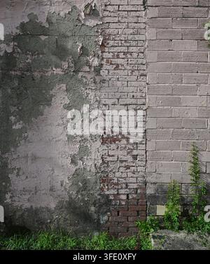 Weatherworn multi surface wall with distressed pink painted concrete, brick and textured masonry Stock Photo