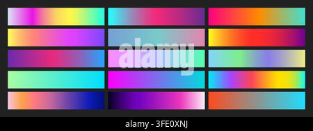 Metallic holographic rainbow gradient swatch texture showcase vibrant pastel palette shimmer vector illustration set. Stock Vector