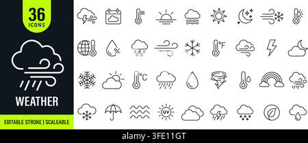 Weather icon set. Collection of weather forecast, climate conditions, temperature, rain, snow, wind and atmospheric line icon editable stroke. Vector Stock Vector
