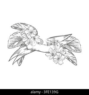 Fruit tree flowers with leaves and a ribbon with a place for the text. Everything is hand-drawn in ink. Botanical illustration for greeting cards Stock Vector