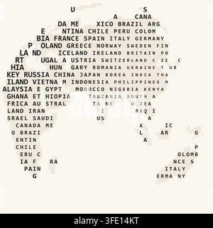 typographic terrain world map in word map ink on paper south asia palette featuring binary code and text characters filling continental shapes for Stock Vector