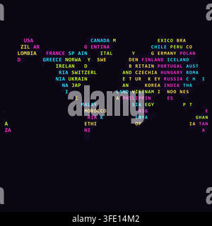 abstract word map neon night atlantic typographic terrain world map showing binary code and text characters filling continental shapes for print decor Stock Vector