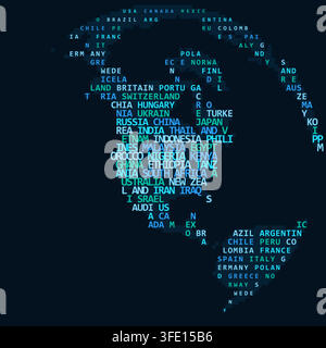word map ocean usa typographic terrain world map with binary code and text characters filling continental shapes for modern wall art decor poster Stock Vector