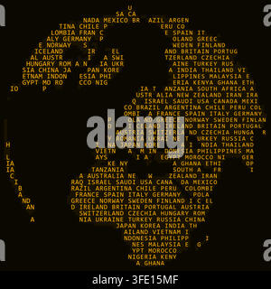 typographic terrain world map in word map terminal amber europe palette featuring binary code and text characters filling continental shapes for Stock Vector