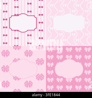 Premium collection of four retro background templates combining feminine ribbon bows, classic vertical stripes, wavy lines, and hanging garland textur Stock Vector