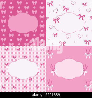 Premium collection of four retro background templates combining feminine ribbon bows, romantic love hearts, lavender flowers, and classic gingham grid Stock Vector