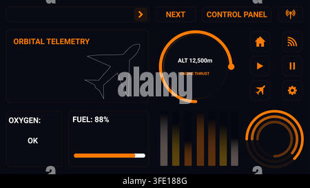 Premium vector user interface components for aviation, flight simulation, and space telemetry applications. Futuristic dark theme layout in neon orang Stock Vector