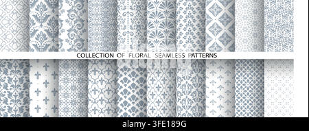 Geometric floral set of seamless patterns. White and gray vector backgrounds. Damask graphic ornaments Stock Vector