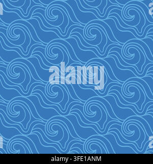 Seamless blue Asian pattern flowing wave spirals Stock Vector