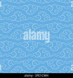 Japanese Asian Seamless blue pattern cloud waves Stock Vector