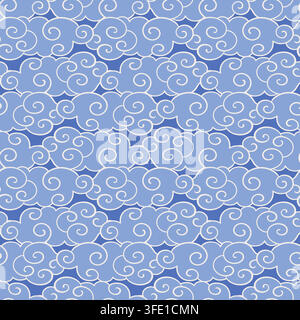 Japanese Asian Seamless blue pattern cloud waves Stock Vector