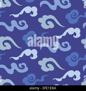 Seamless Asian pattern bold clouds on a dark blue Stock Vector