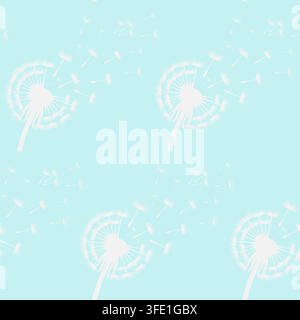 Delicate white dandelion silhouettes with seeds blowing in the wind on a pastel blue background. Airy botanical seamless pattern for nursery decor and Stock Vector