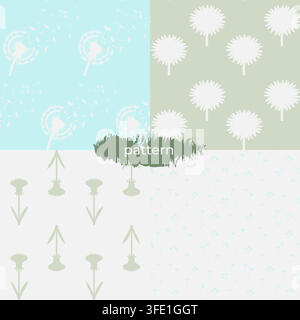 Collection of four clean and modern seamless patterns featuring dandelion motifs and abstract arrows in pastel blue and olive green. Versatile botanic Stock Vector