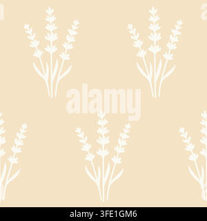 Seamless minimal pattern featuring delicate lavender stems in soft neutral tones. Stock Vector