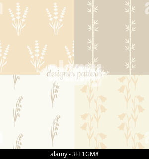 Collection of four seamless floral patterns designed in a minimal Scandinavian style. Features delicate botanical elements including lavender, bamboo, Stock Vector