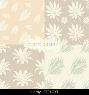 Collection of four seamless botanical patterns featuring tropical leaves, floral shapes and organic plant elements. Designed in a minimal style with s Stock Vector