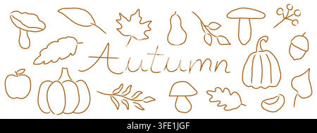 autumn-themed doodle icon set (leaves, mushrooms, pumpkin, apple, acorn, chestnut, pear), simple hand-drawn elements for seasonal designs, menus, pack Stock Vector