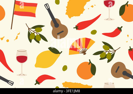 seamless Spain pattern with Spanish-themed icons including olives, oranges, guitar, flag, maps, wine, lemons and traditional hand fan - vector illustr Stock Vector