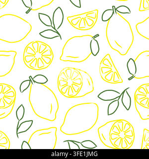 seamless summer pattern with lemon fruits  in hand drawn style, doodle; fresh citrus repeat background, bright yellow lemons and green leaves- vector Stock Vector