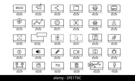 Big set of 30 computer monitor vector icons. Black line art style on white background. Stock Vector