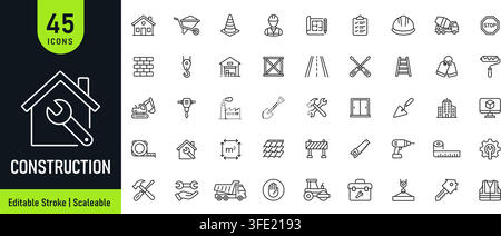 Construction icon set. Collection of building development, engineering, architecture, construction tools, heavy machinery and industrial line icons Stock Vector