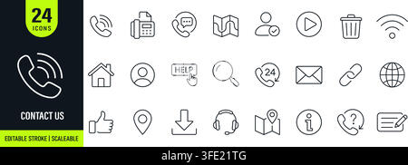 Contact us icon set. Collection of customer service, communication, email, telephone, help desk, online support and contact editable line icons Stock Vector