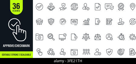 Approve and checkmark icon set. Collection of approval, verification, validation, confirmation, quality control line icon editable stroke. Stock Vector