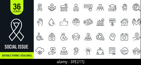 Social issue web icons in line style. Social awareness, equality, human rights, community support, healthcare, environmental concerns and humanitarian Stock Vector