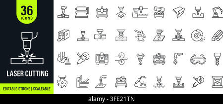 Laser cutting web icons in line style. Industrial laser machine, precision cutting, metal fabrication, engraving, manufacturing icon editable stroke. Stock Vector