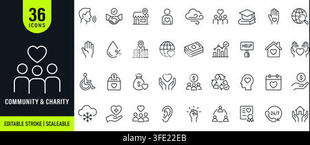 Community and charity web icons in line style. Social support, volunteering, donation, nonprofit organization, community service icon editable stroke. Stock Vector