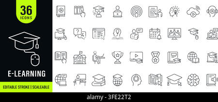 E-learning web icons in line style. Online education, digital classroom, student learning, virtual course, training, study, knowledge and graduation Stock Vector