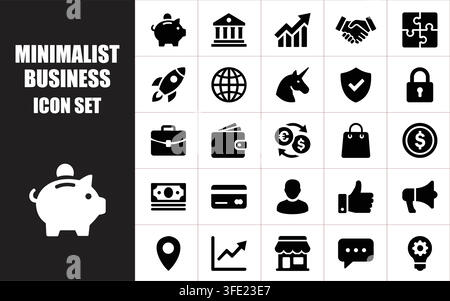 Minimalist business icon set with black vector glyphs of financial concepts security and marketing on grid background for web. Stock Vector