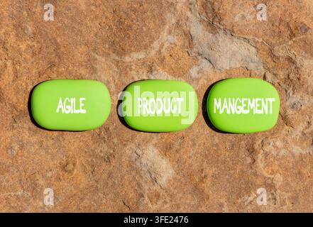 Agile product management words symbol. Concept words Agile product management on beautiful green stones. Beautiful stone background. Business agile pr Stock Photo