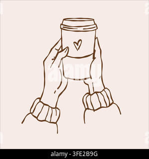 A womans hands holds a glass of takeaway coffee. Cozy coffee-themed clip art. Outline sketch in brown. Stock Vector