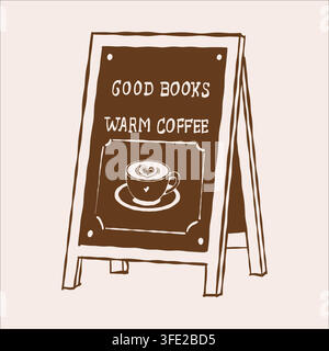 Outline illustration of a street chalkboard for a cafe, bar, or coffee shop with a coffee sign. Vector line sketch in brown.  Stock Vector