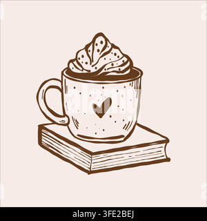 A cozy vintage line art illustration of a book and a cup of coffee with cream. Brown line sketch. Stock Vector