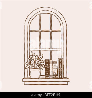 An illustration of an arched window with books on the sill. Interior outline sketch in brown. Vector beautiful book spines Stock Vector