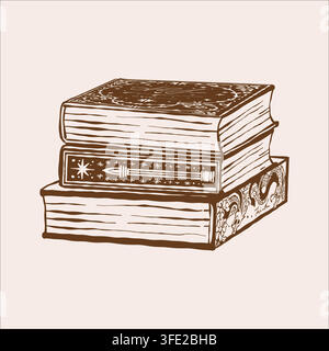 A stack of books. Hand-drawn vintage style. Brown line vector illustration. Outline sketch. Reading theme. Stock Vector