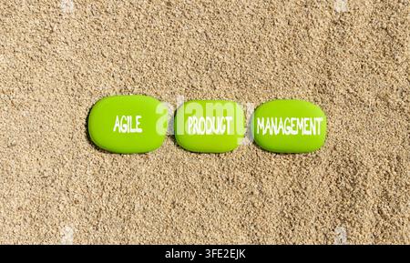 Agile product management words symbol. Concept words Agile product management on beautiful green stones. Beautiful sand background. Business agile pro Stock Photo