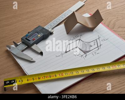 Engineering Tools and Technical Sketch - Digital caliper, tape measure, and ruler surround a hand-drawn technical sketch with dimensions on a wooden d Stock Photo